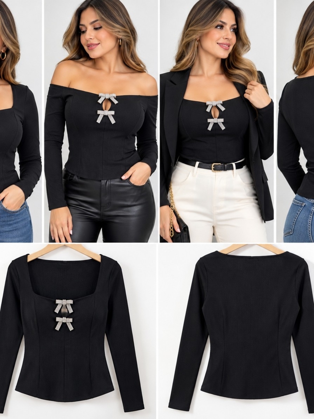 Haute Monde Black Off-Shoulder Blouse with Rhinestone Bows